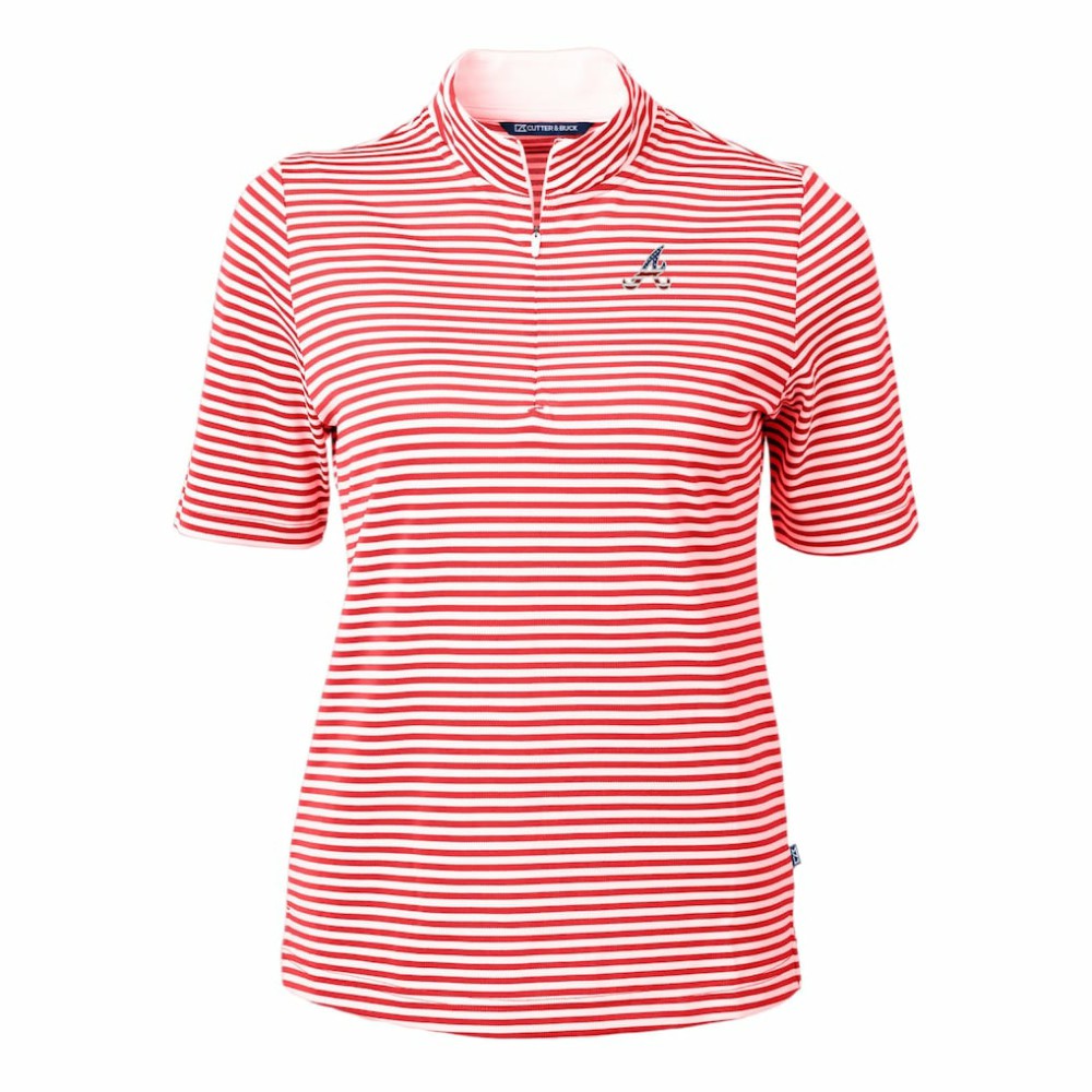Atlanta Braves Cutter & Buck Women's Virtue Eco Pique Stripe Recycled Quarter-Zip Pullover Top - Red Pullover