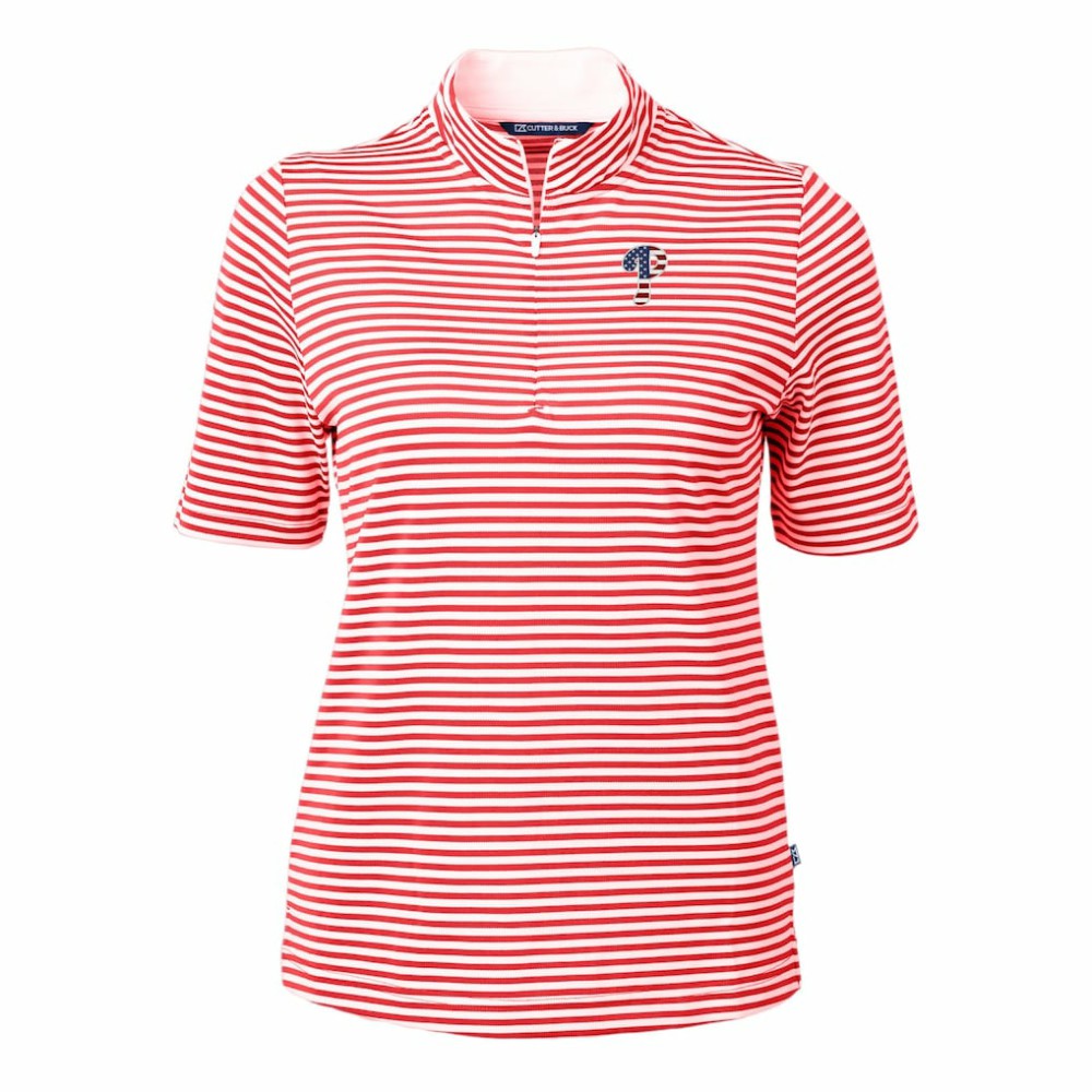 Philadelphia Phillies Cutter & Buck Women's Virtue Eco Pique Stripe Recycled Quarter-Zip Pullover Top - Red Pullover