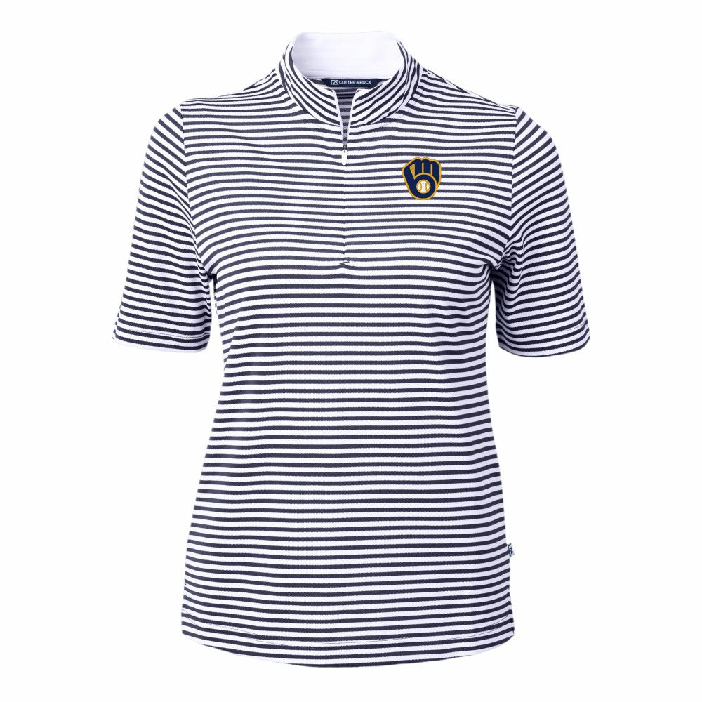 Milwaukee Brewers Cutter & Buck Women's Virtue Eco Pique Stripe Top - Navy Tops