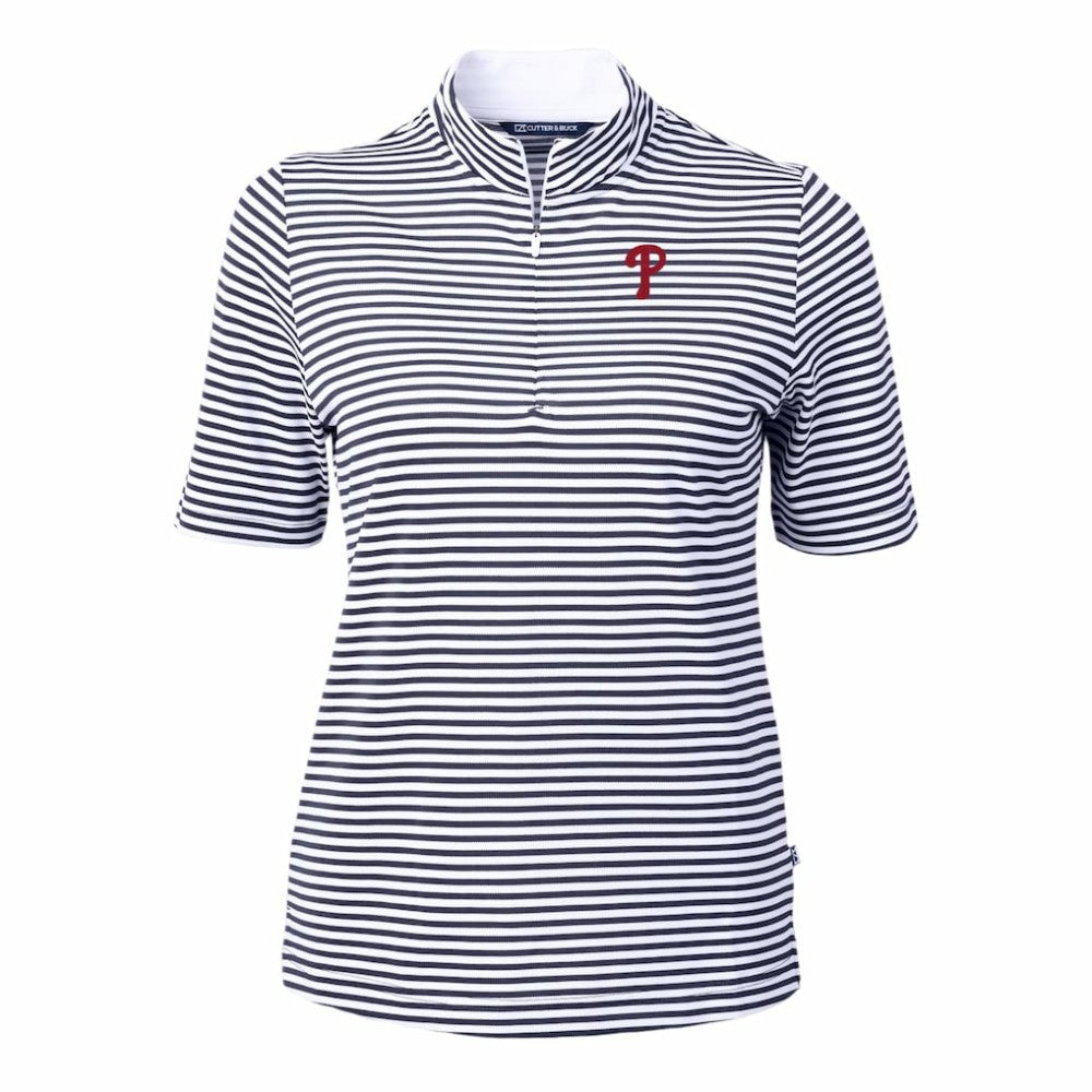 Philadelphia Phillies Cutter & Buck Women's Virtue Eco Pique Stripe Top - Navy Tops