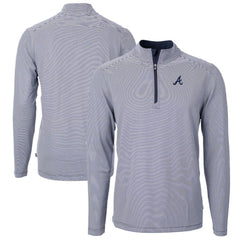 Atlanta Braves Cutter & Buck Virtue Eco Pique Micro Stripe Big & Tall Recycled Quarter-Zip Pullover Top - Navy/White Pullover