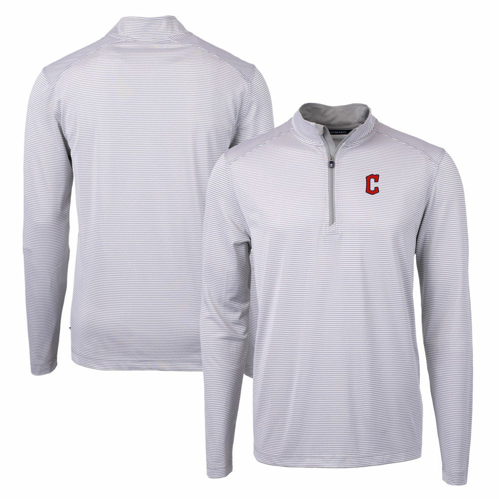 Cleveland Guardians Cutter & Buck Virtue Eco Pique Micro Stripe Big & Tall Recycled Quarter-Zip Pullover Top - Gray/White Pullover