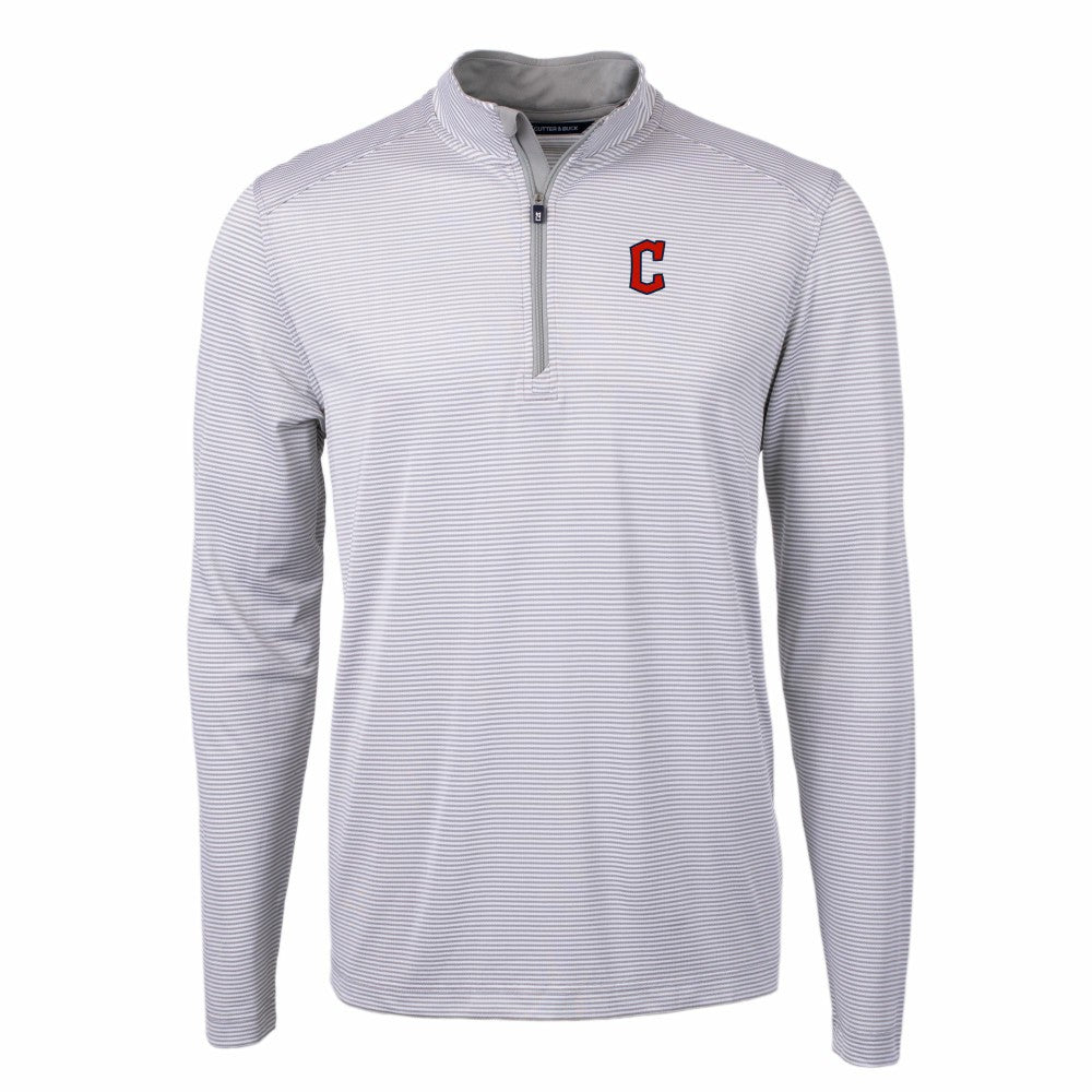Cleveland Guardians Cutter & Buck Virtue Eco Pique Micro Stripe Big & Tall Recycled Quarter-Zip Pullover Top - Gray/White Pullover