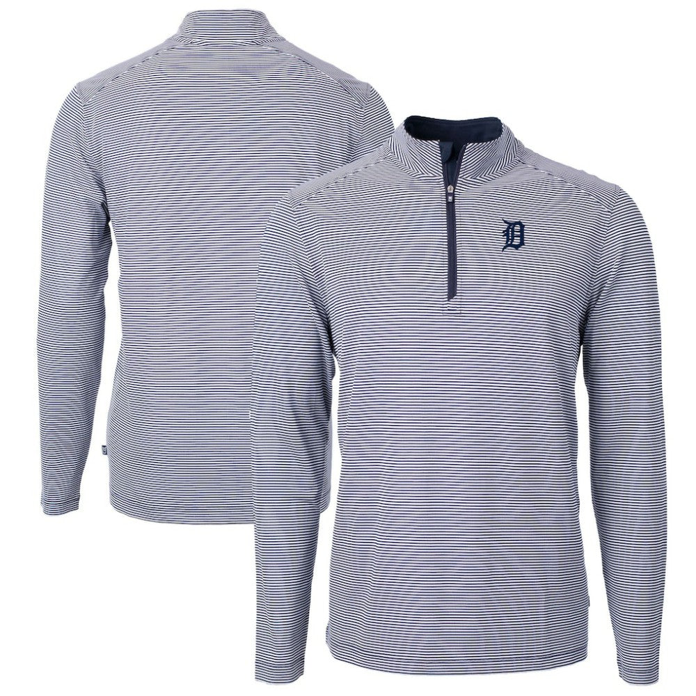 Detroit Tigers Cutter & Buck Virtue Eco Pique Micro Stripe Big & Tall Recycled Quarter-Zip Pullover Top - Navy/White Pullover