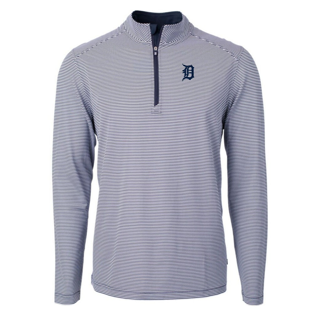 Detroit Tigers Cutter & Buck Virtue Eco Pique Micro Stripe Big & Tall Recycled Quarter-Zip Pullover Top - Navy/White Pullover