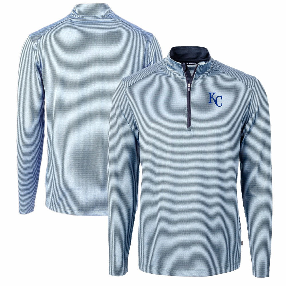 Kansas City Royals Cutter & Buck Virtue Eco Pique Micro Stripe Big & Tall Recycled Quarter-Zip Pullover Top - Light Blue/Navy Pullover
