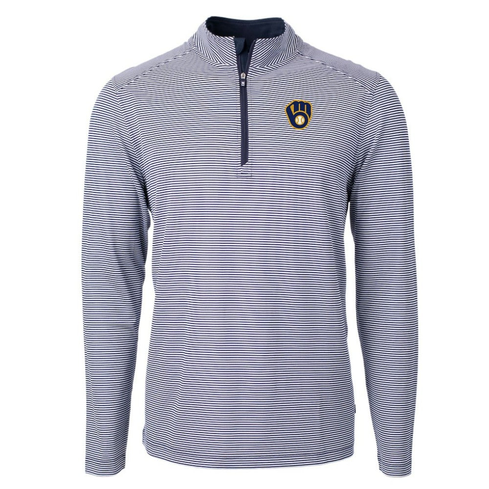 Milwaukee Brewers Cutter & Buck Virtue Eco Pique Micro Stripe Big & Tall Recycled Quarter-Zip Pullover Top - Navy/White Pullover