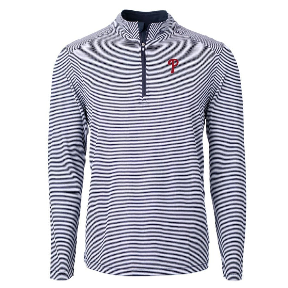 Philadelphia Phillies Cutter & Buck Virtue Eco Pique Micro Stripe Big & Tall Recycled Quarter-Zip Pullover Top - Navy/White Pullover