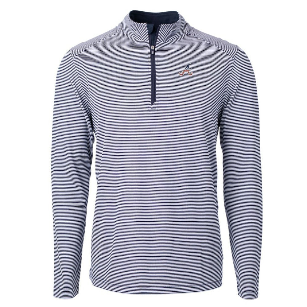 Atlanta Braves Cutter & Buck Americana Logo Virtue Eco Pique Stripe Recycled Quarter-Zip Pullover Top - Navy Pullover