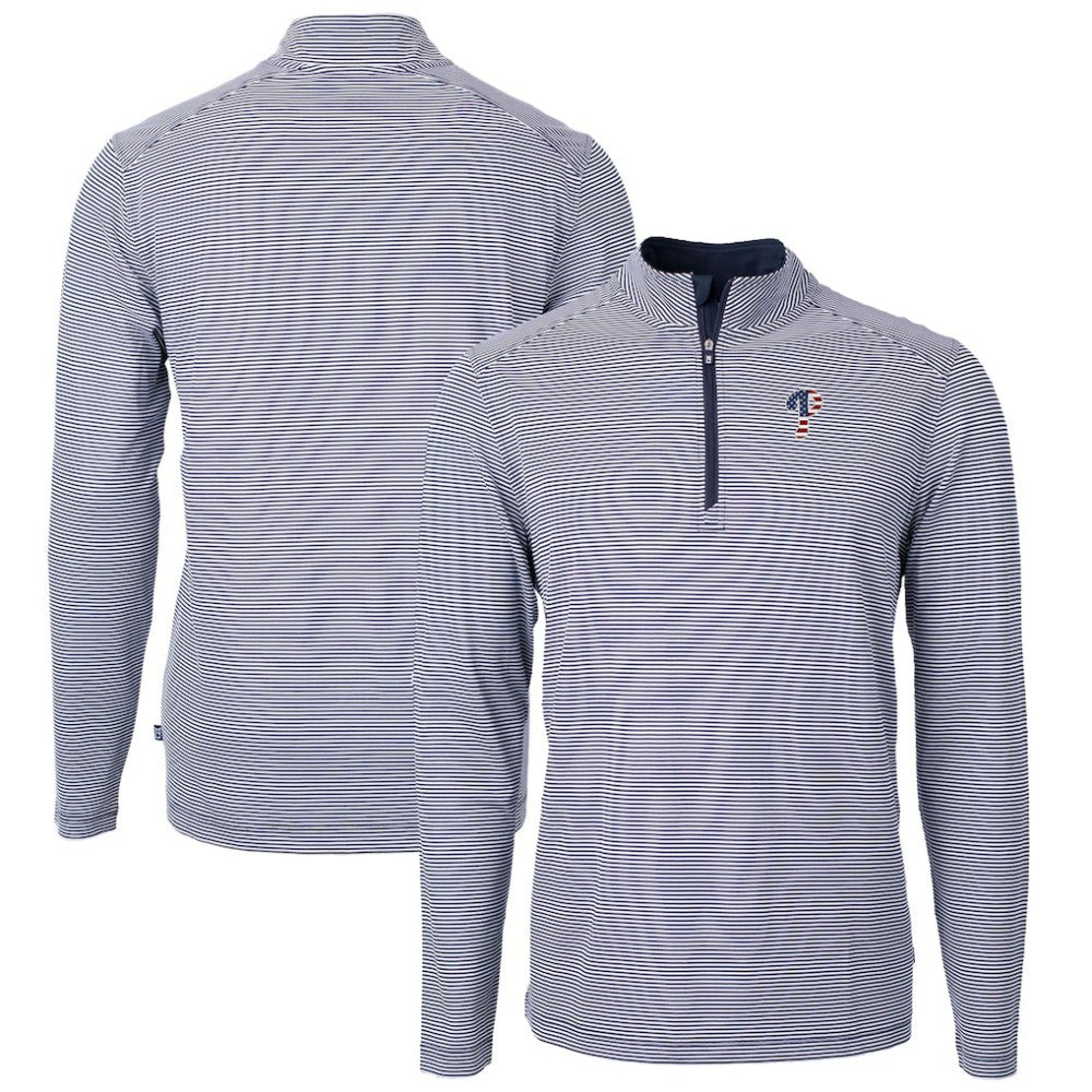 Philadelphia Phillies Cutter & Buck Americana Logo Virtue Eco Pique Stripe Recycled Quarter-Zip Pullover Top - Navy Pullover
