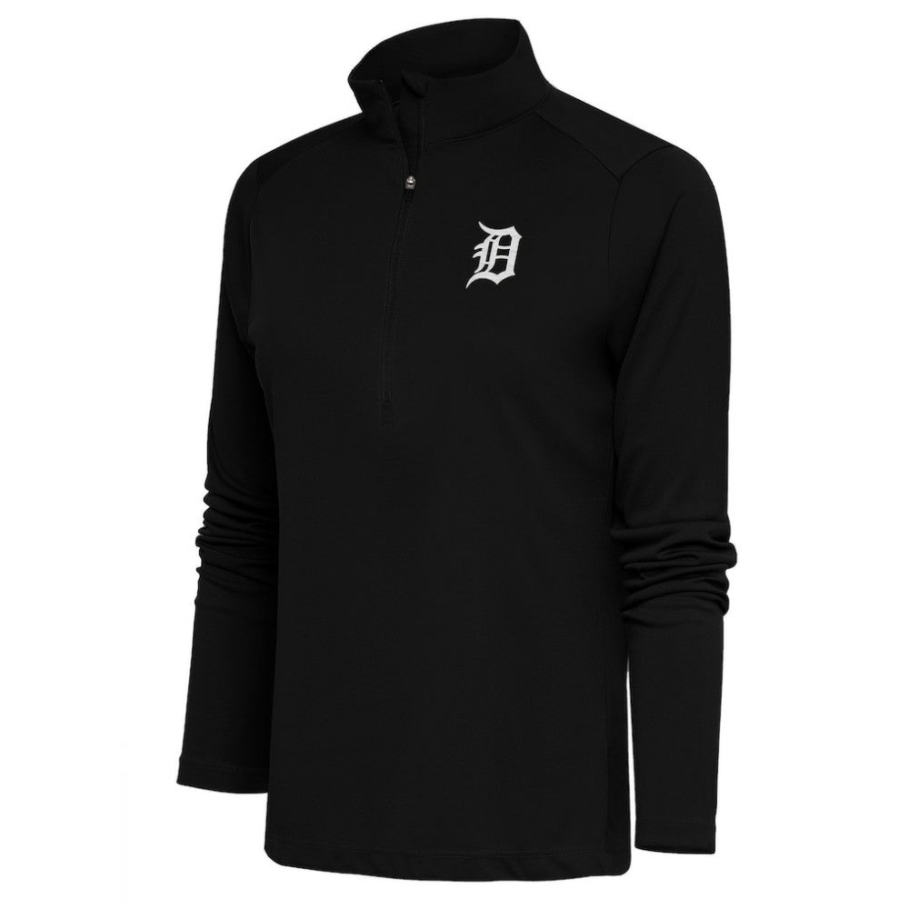 Detroit Tigers Antigua Women's Brushed Metallic Tribute Half-Zip Pullover Top - Black Pullover