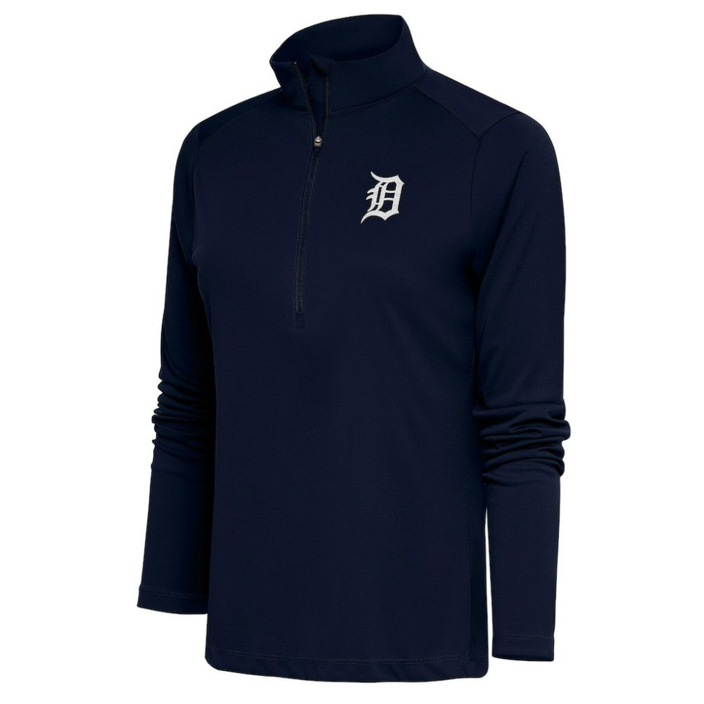 Detroit Tigers Antigua Women's Brushed Metallic Tribute Half-Zip Pullover Top - Navy Pullover