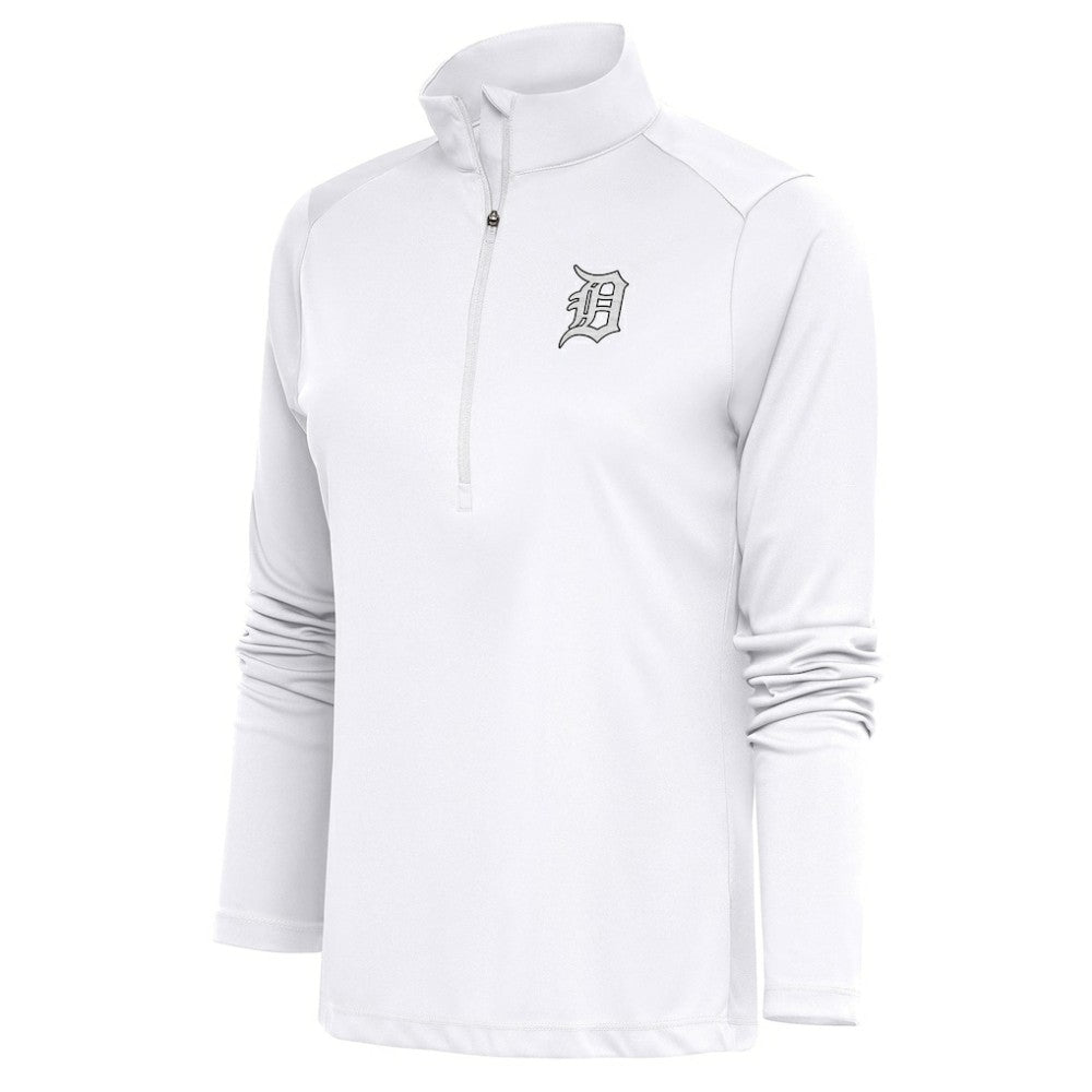 Detroit Tigers Antigua Women's Brushed Metallic Tribute Half-Zip Pullover Top - White Pullover