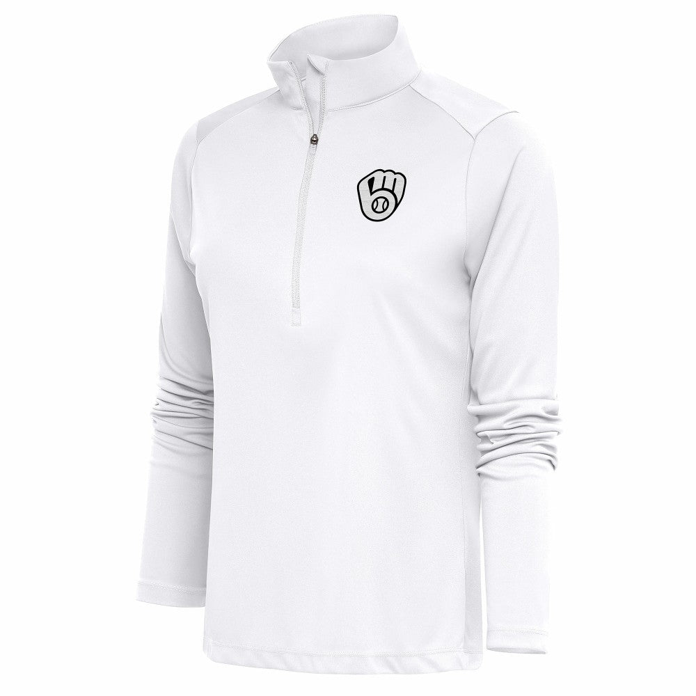 Milwaukee Brewers Antigua Women's Brushed Metallic Tribute Half-Zip Pullover Top - White Pullover