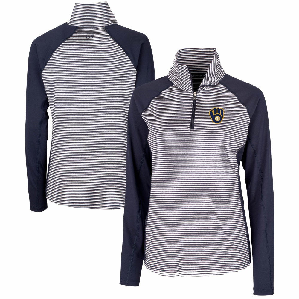 Milwaukee Brewers Cutter & Buck Women's DryTec Forge Tonal Stripe Half-Zip Top - Navy Tops