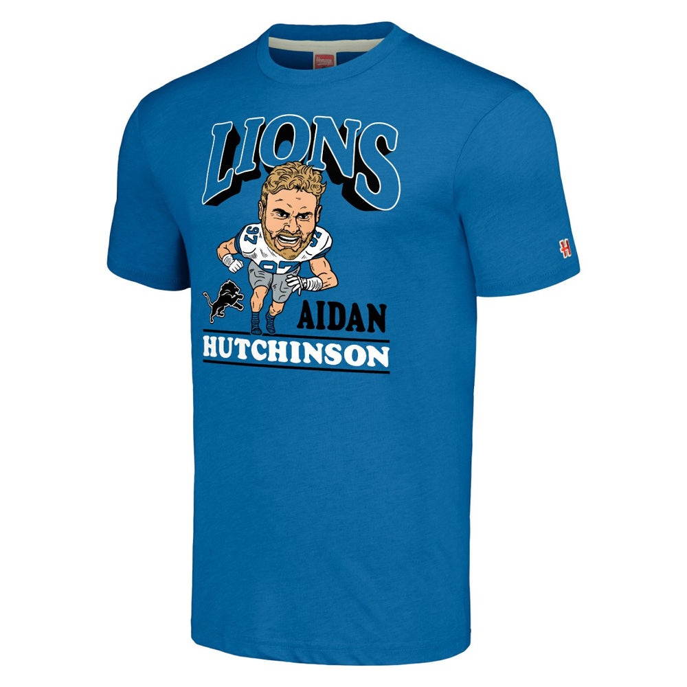Aidan Hutchinson Detroit Lions Homage Unisex Caricature Player Tri-Blend T-Shirt Blue