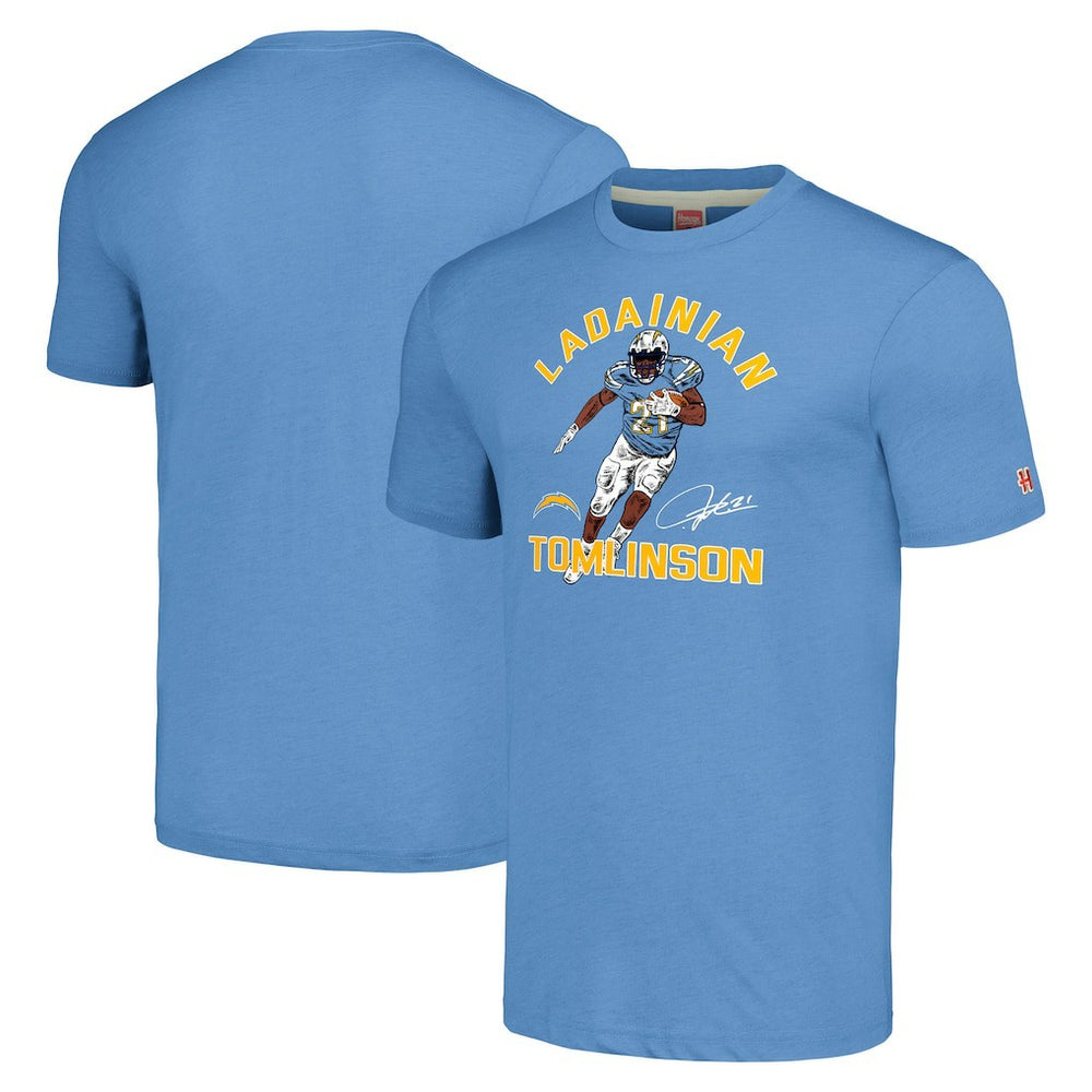 LaDainian Tomlinson Los Angeles Chargers Homage Unisex Unisex Caricature Retired Player Tri-Blend T-Shirt Powder Blue