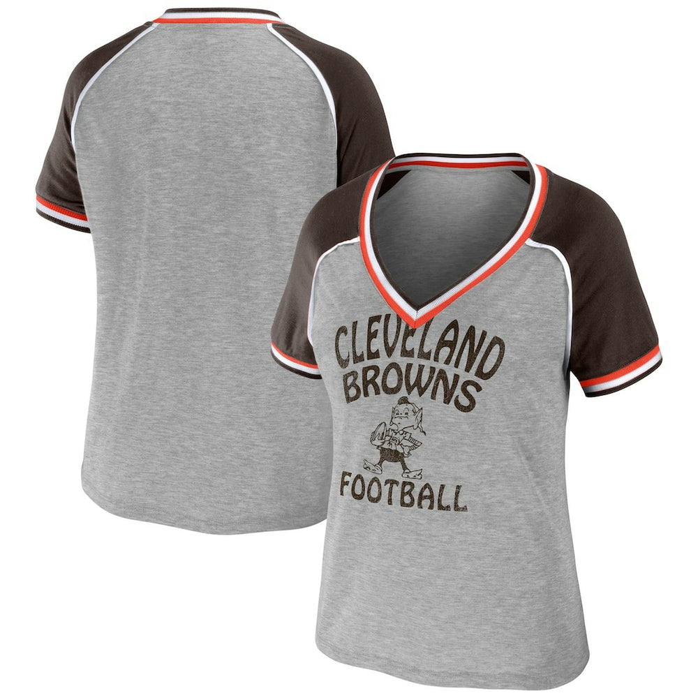 Cleveland Browns WEAR by Erin Andrews Women's Cropped Raglan Throwback V-Neck T-Shirt Heather Gray
