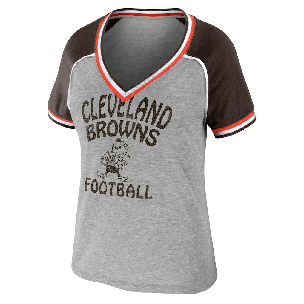 Cleveland Browns WEAR by Erin Andrews Women's Cropped Raglan Throwback V-Neck T-Shirt Heather Gray