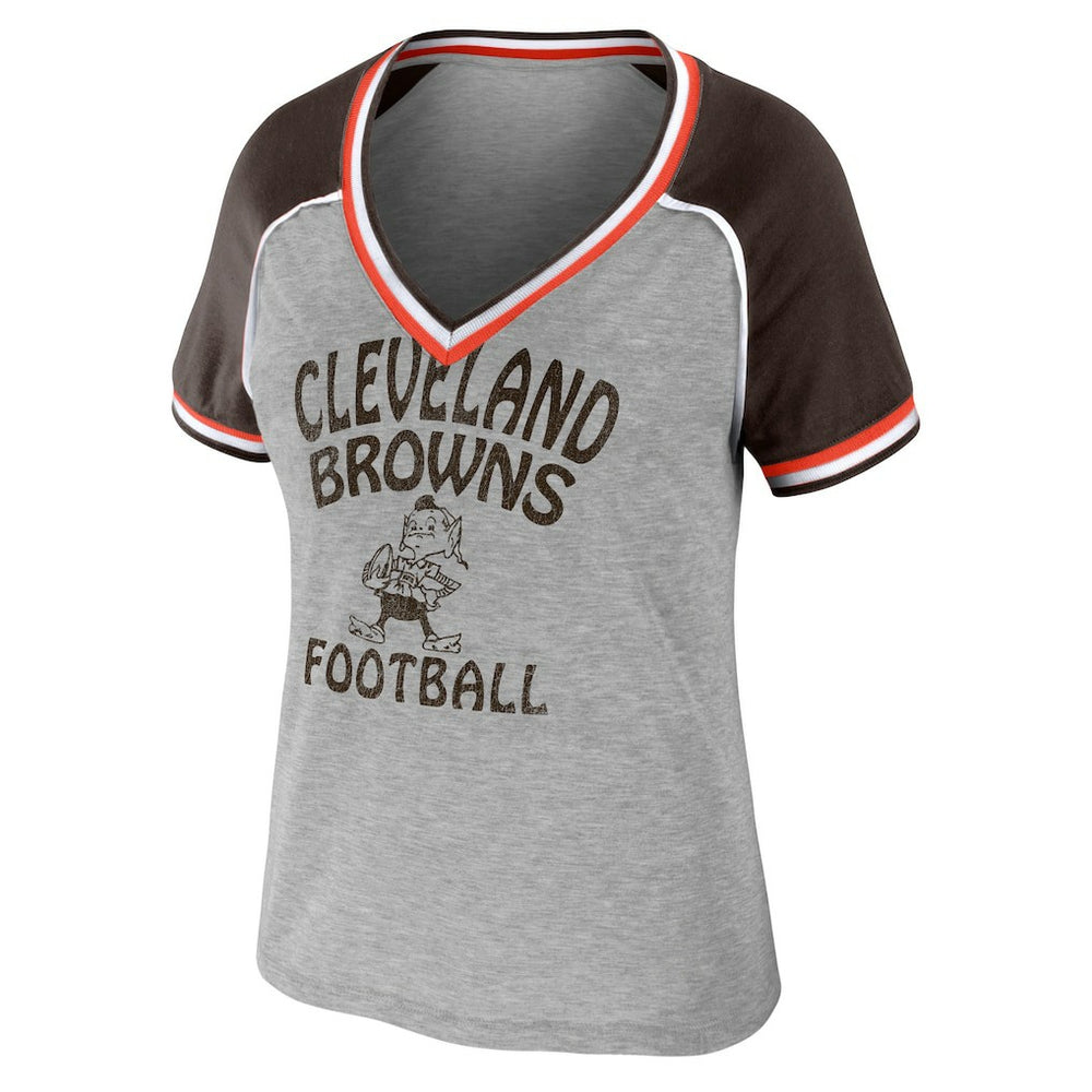 Cleveland Browns WEAR by Erin Andrews Women's Cropped Raglan Throwback V-Neck T-Shirt Heather Gray