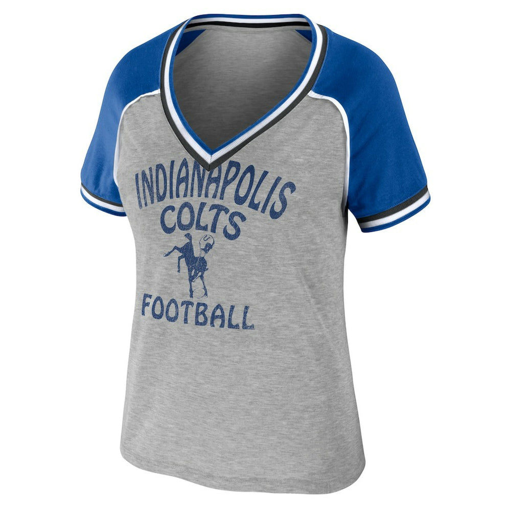 Indianapolis Colts WEAR by Erin Andrews Women's Cropped Raglan Throwback V-Neck T-Shirt Heather Gray