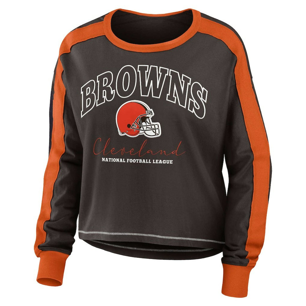 Cleveland Browns WEAR by Erin Andrews Women's Color Block Modest Crop Long Sleeve T-Shirt Brown/Orange