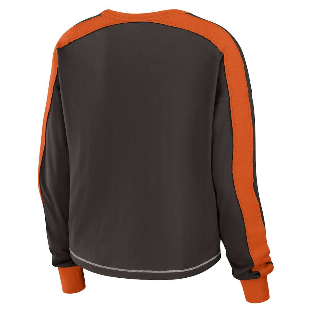 Cleveland Browns WEAR by Erin Andrews Women's Color Block Modest Crop Long Sleeve T-Shirt Brown/Orange