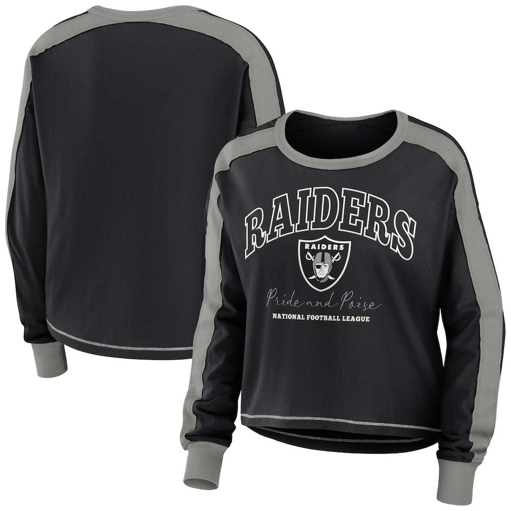 Las Vegas Raiders WEAR by Erin Andrews Women's Color Block Modest Crop Long Sleeve T-Shirt Black/Silver