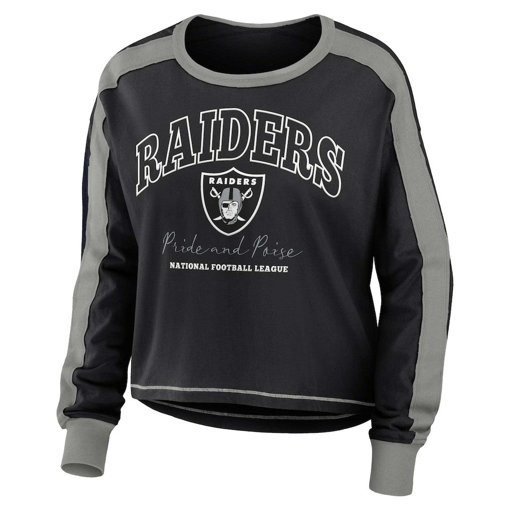 Las Vegas Raiders WEAR by Erin Andrews Women's Color Block Modest Crop Long Sleeve T-Shirt Black/Silver