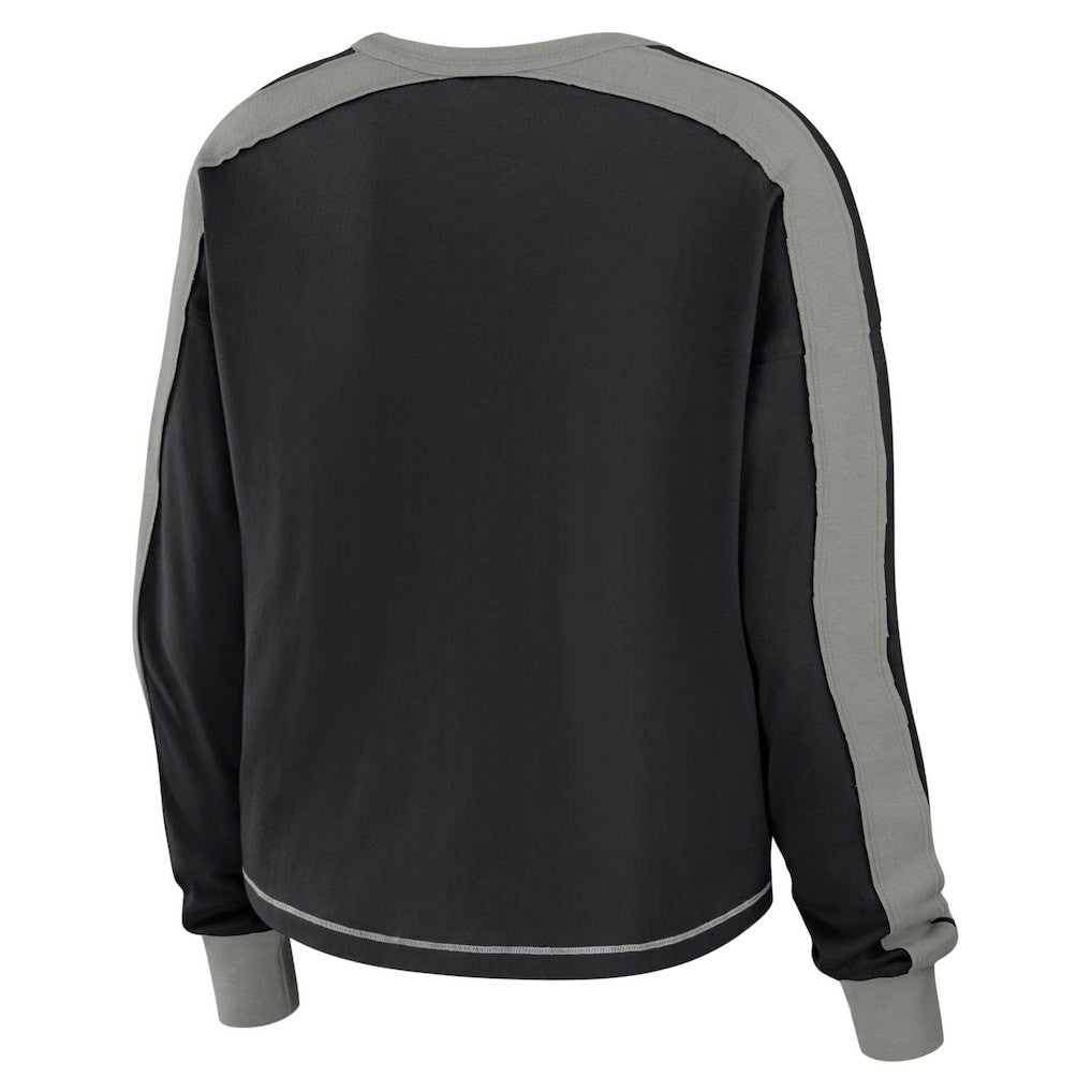 Las Vegas Raiders WEAR by Erin Andrews Women's Color Block Modest Crop Long Sleeve T-Shirt Black/Silver