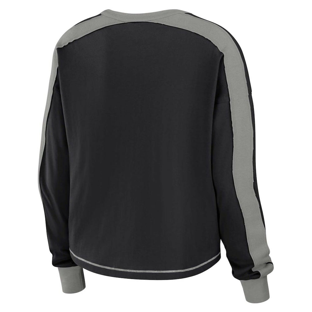 Las Vegas Raiders WEAR by Erin Andrews Women's Color Block Modest Crop Long Sleeve T-Shirt Black/Silver