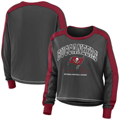 Tampa Bay Buccaneers WEAR by Erin Andrews Women's Color Block Modest Crop Long Sleeve T-Shirt Pewter/Red
