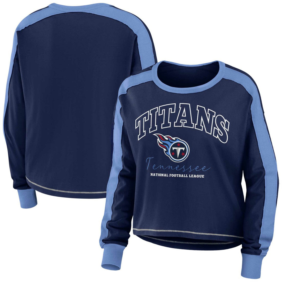 Tennessee Titans WEAR by Erin Andrews Women's Color Block Modest Crop Long Sleeve T-Shirt Navy/Light Blue