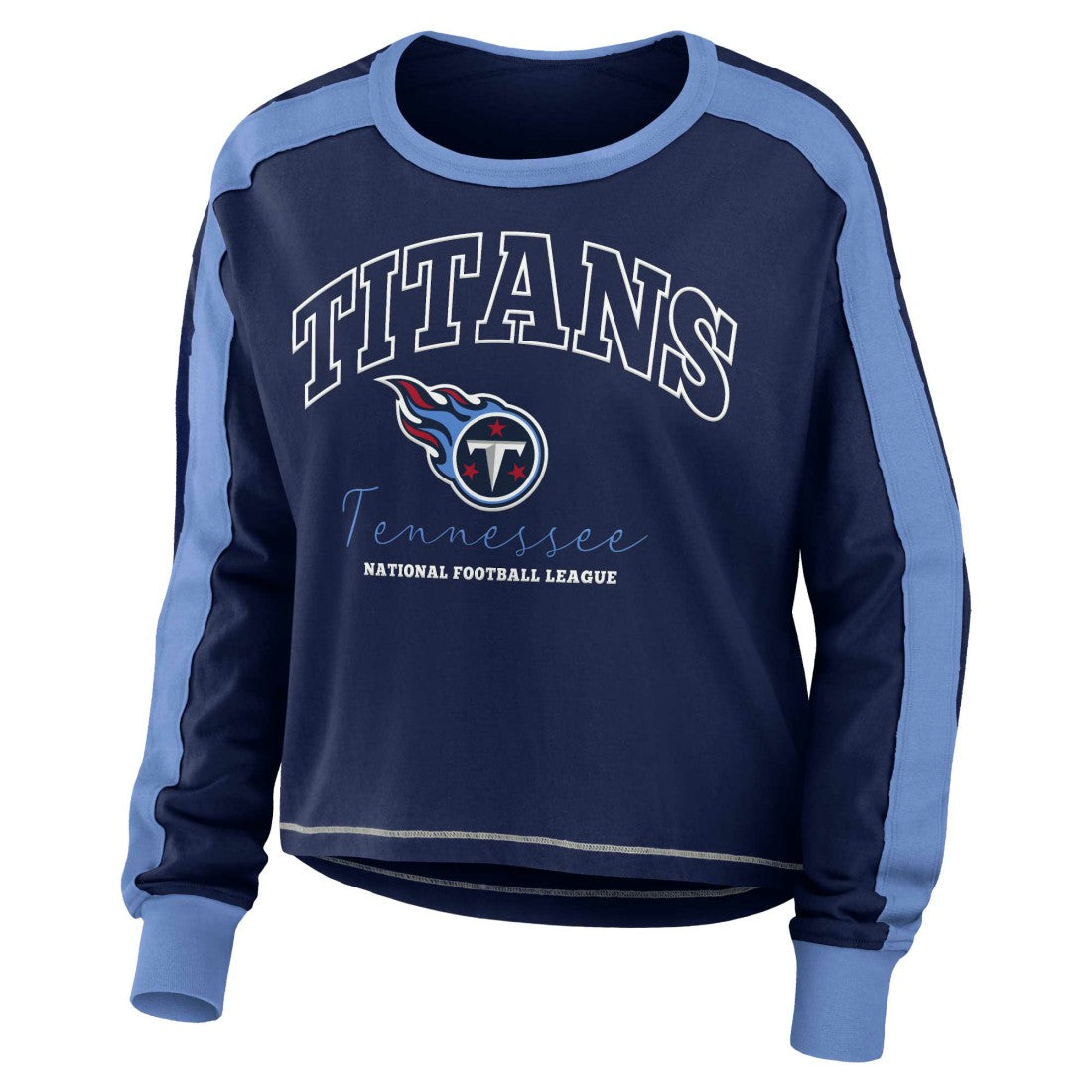 Tennessee Titans WEAR by Erin Andrews Women's Color Block Modest Crop Long Sleeve T-Shirt Navy/Light Blue
