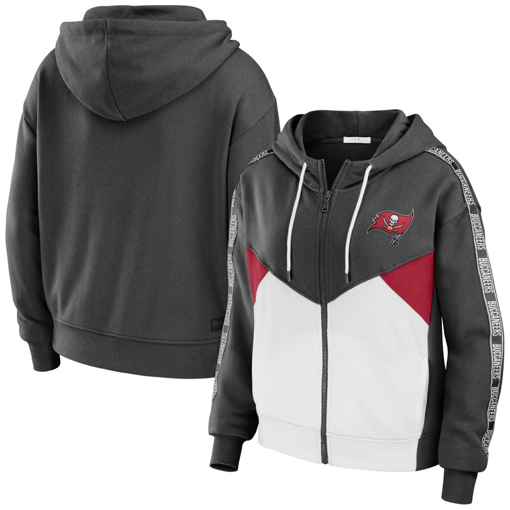 Tampa Bay Buccaneers WEAR by Erin Andrews Women's Color Block Light Weight Modest Crop Full-Zip Hoodie Pewter/White