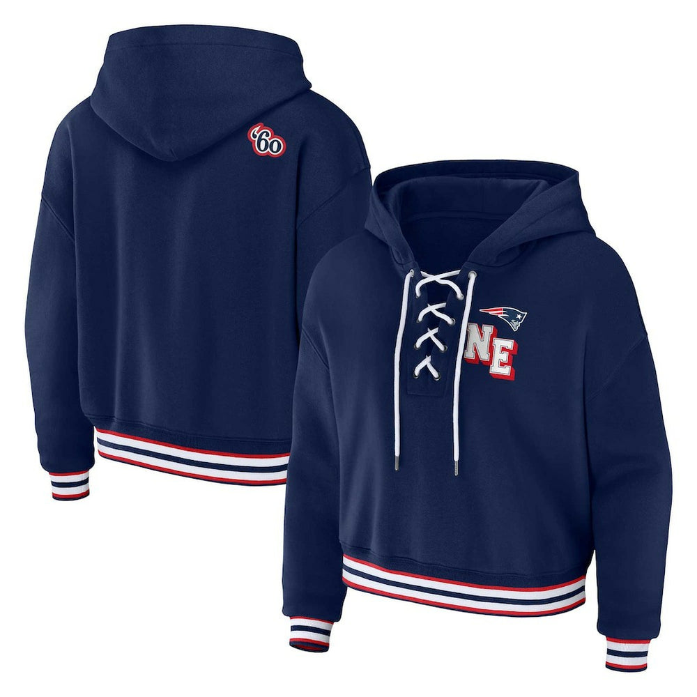 New England Patriots WEAR by Erin Andrews Women's Plus Size Lace-Up Pullover Hoodie Navy