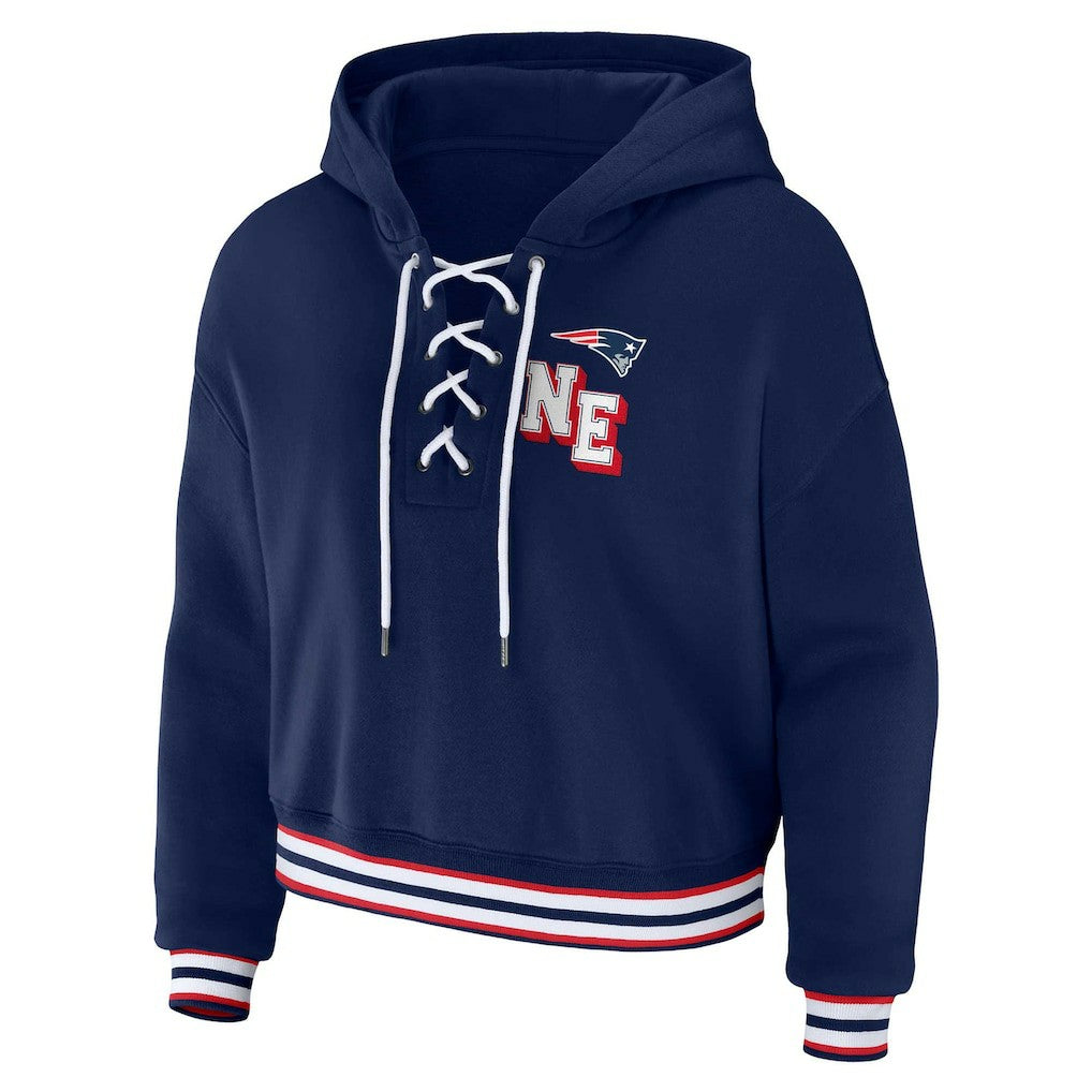 New England Patriots WEAR by Erin Andrews Women's Plus Size Lace-Up Pullover Hoodie Navy
