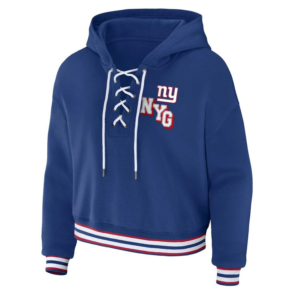 New York Giants WEAR by Erin Andrews Women's Plus Size Lace-Up Pullover Hoodie Royal