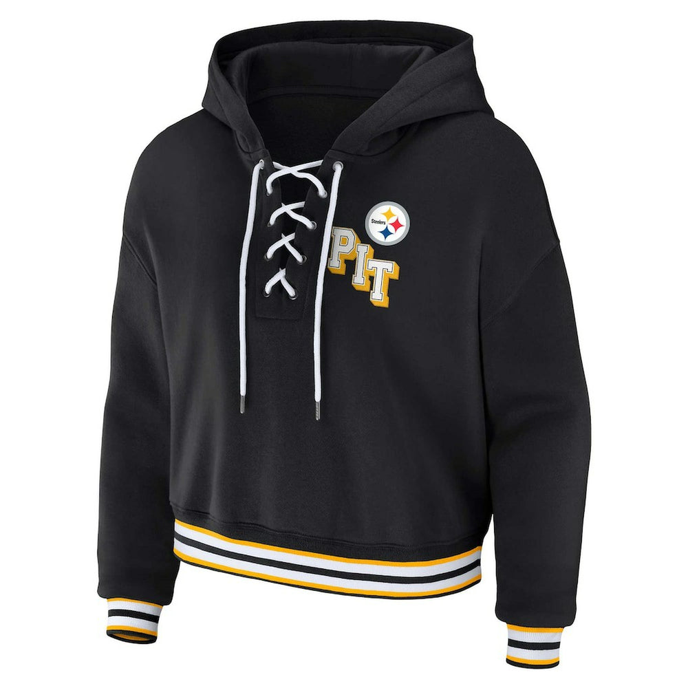 Pittsburgh Steelers WEAR by Erin Andrews Women's Plus Size Lace-Up Pullover Hoodie Black