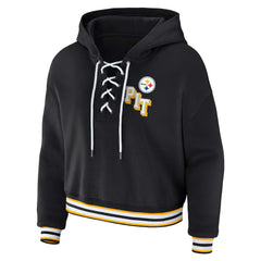 Pittsburgh Steelers WEAR by Erin Andrews Women's Plus Size Lace-Up Pullover Hoodie Black