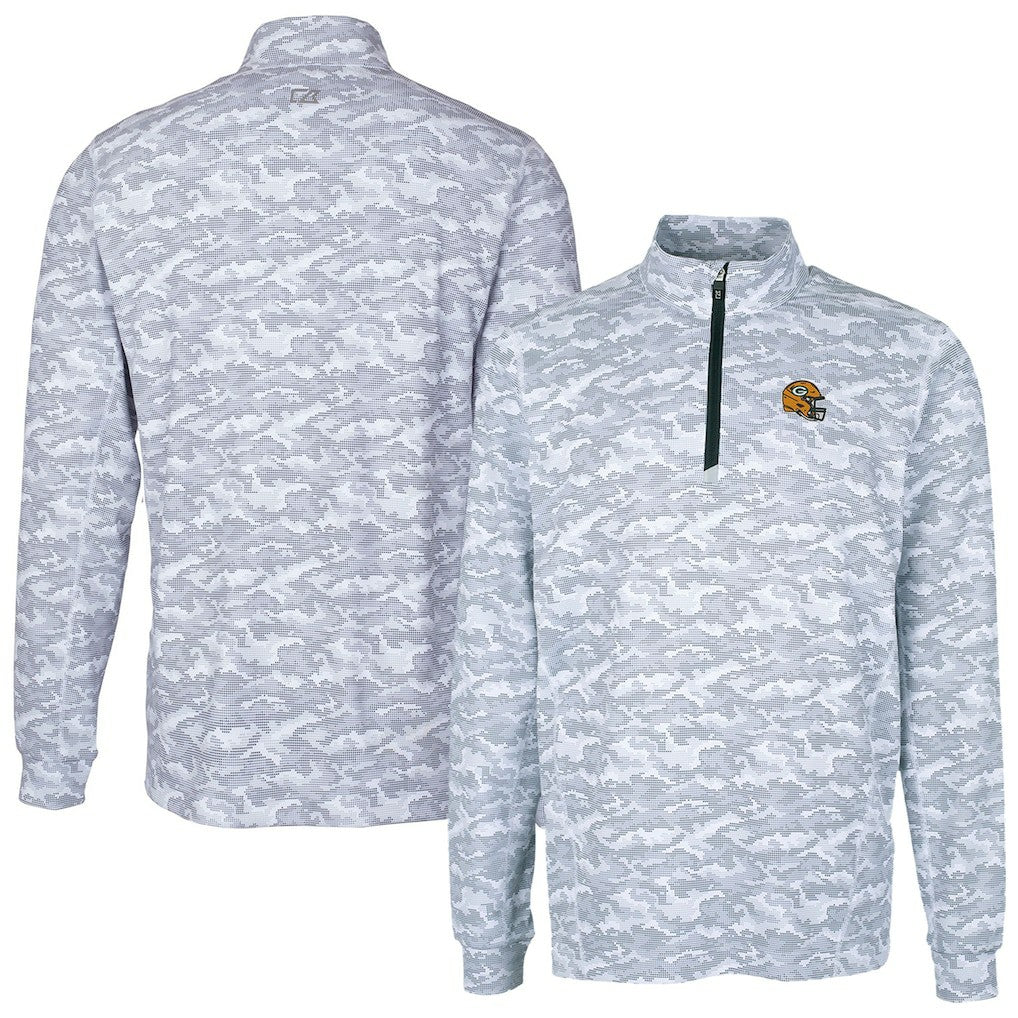 Green Bay Packers Cutter & Buck Helmet Traverse Camo Print Stretch Quarter-Zip Pullover Top Charcoal