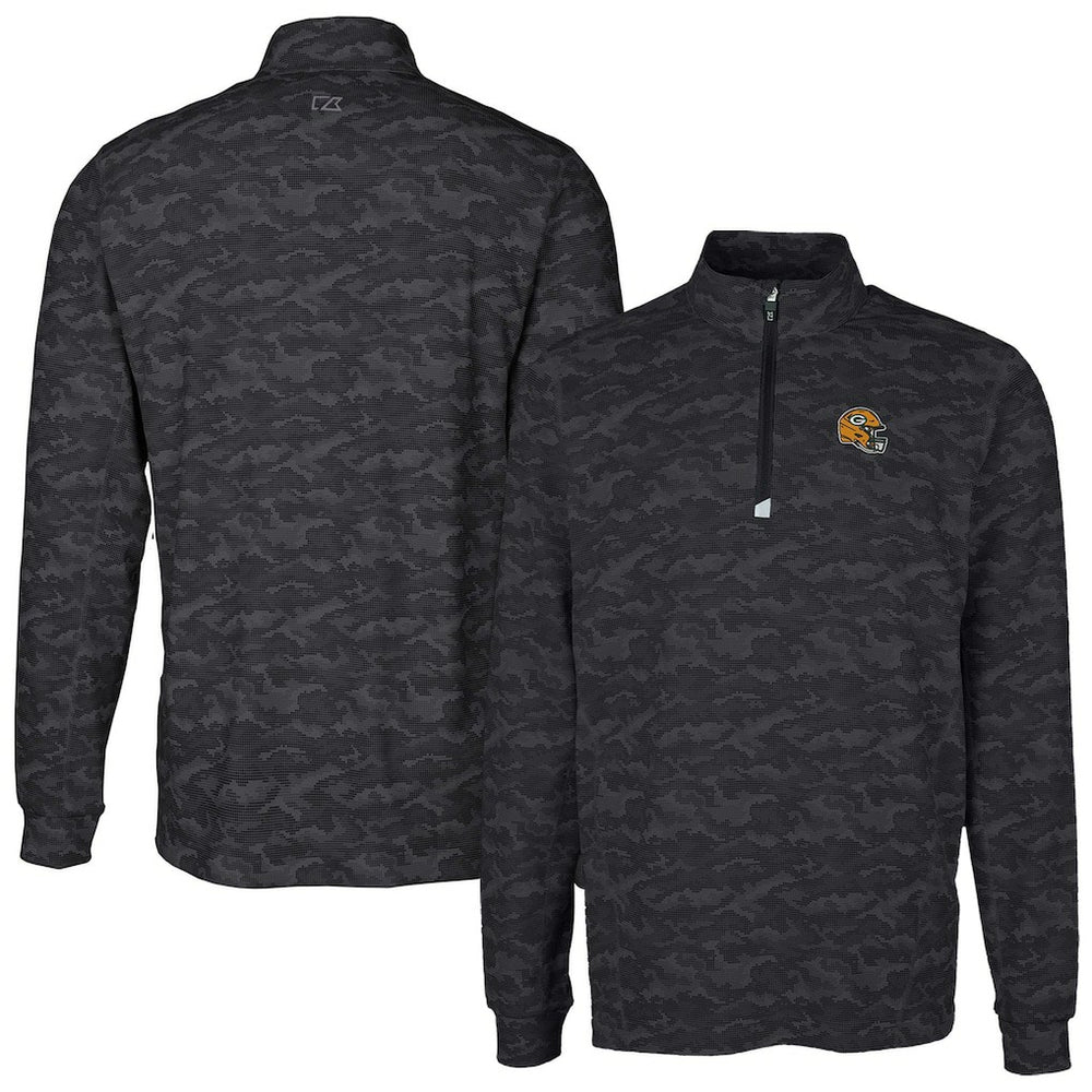 Green Bay Packers Cutter & Buck Helmet Traverse Camo Print Stretch Quarter-Zip Pullover Top Black