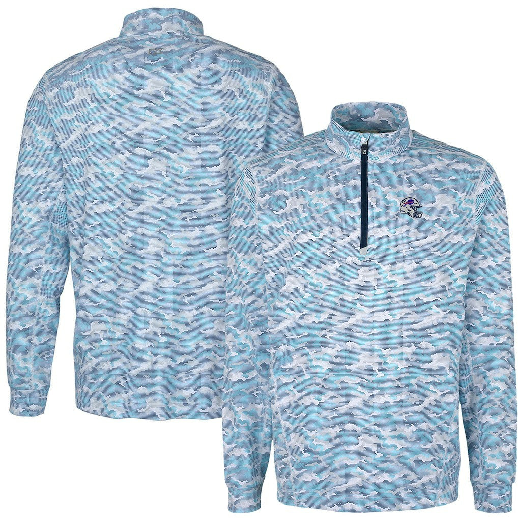 Buffalo Bills Cutter & Buck Helmet Traverse Camo Print Stretch Quarter-Zip Pullover Top Light Blue