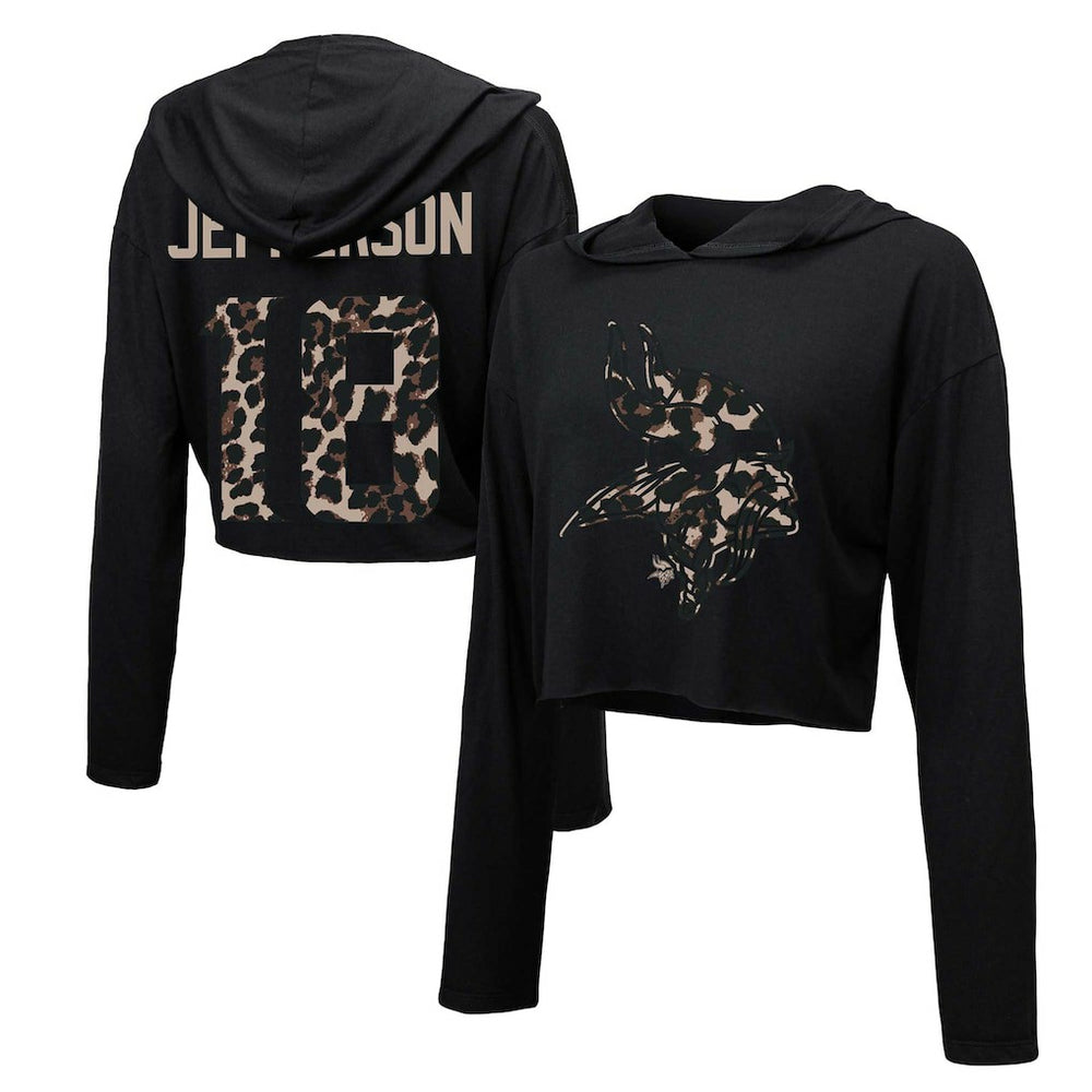 Justin Jefferson Minnesota Vikings Majestic Threads Women's Leopard Player Name & Number Long Sleeve Cropped Hoodie Black