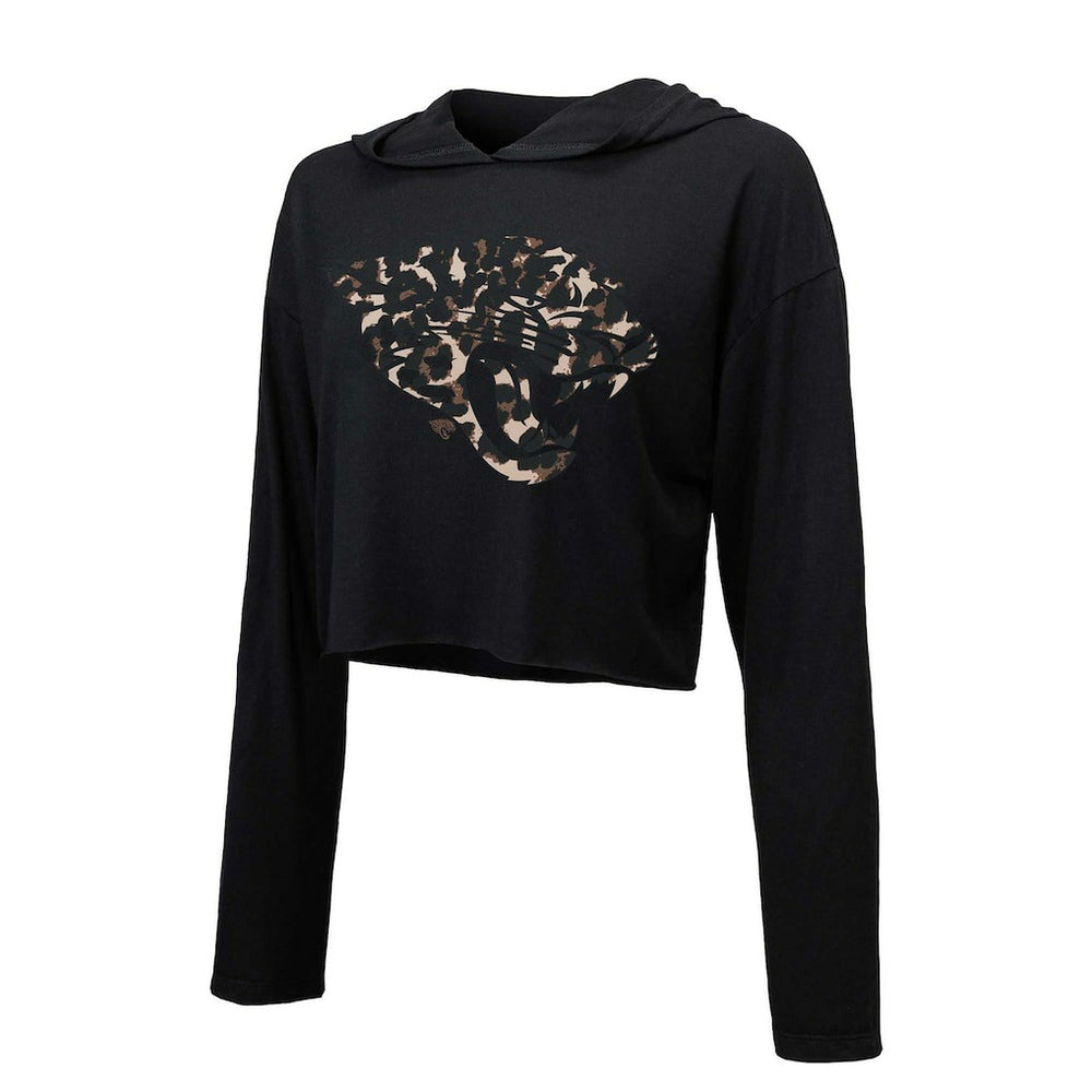Trevor Lawrence Jacksonville Jaguars Majestic Threads Women's Leopard Player Name & Number Long Sleeve Cropped Hoodie Black