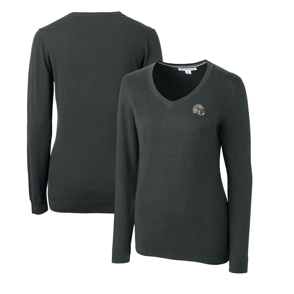 New Orleans Saints Cutter & Buck Women's Helmet Logo Lakemont Tri-Blend V-Neck Pullover Sweater Charcoal