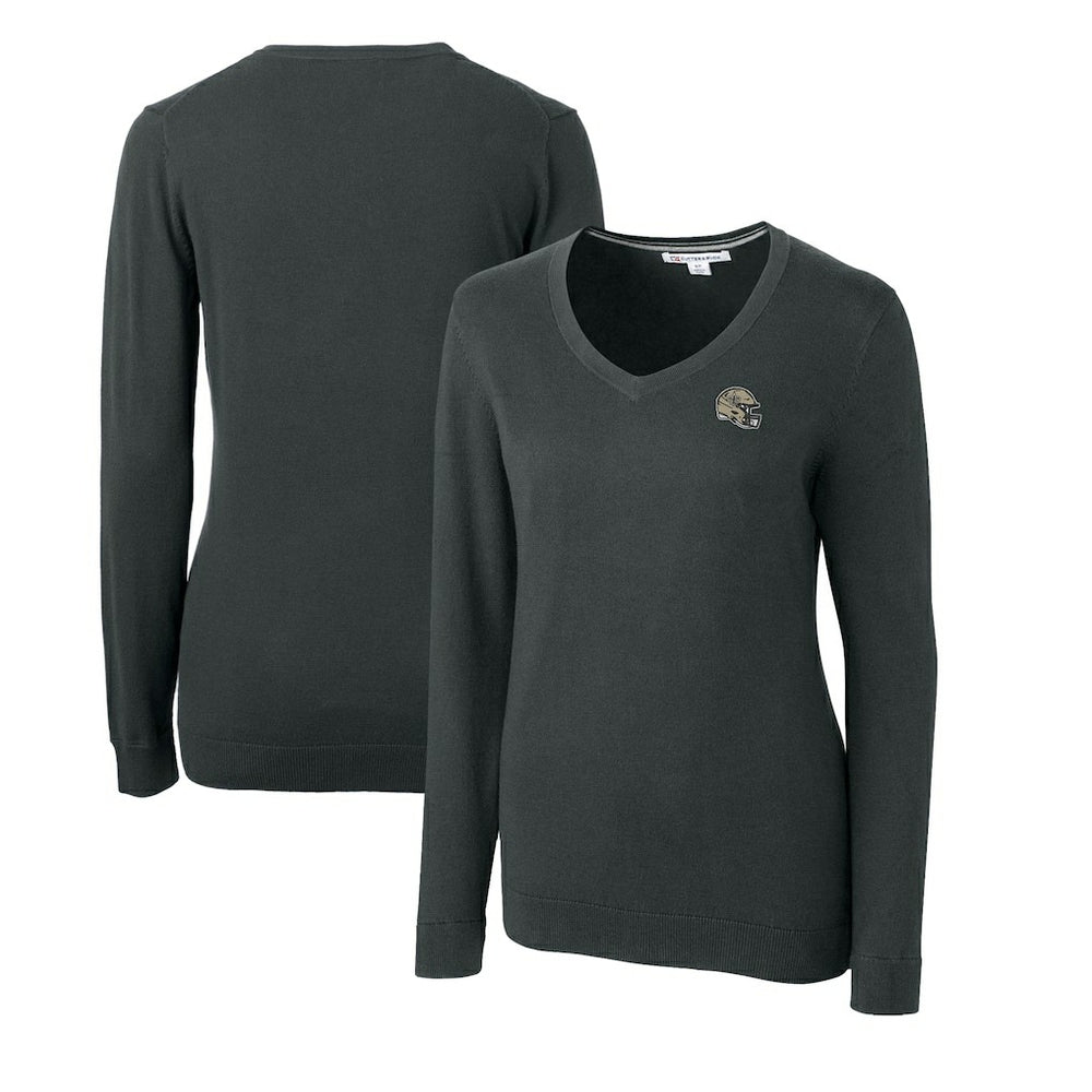 New Orleans Saints Cutter & Buck Women's Helmet Logo Lakemont Tri-Blend V-Neck Pullover Sweater Charcoal