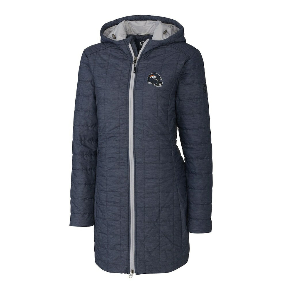 Denver Broncos Cutter & Buck Women's Helmet Logo Rainier Primaloft Eco Insulated Hooded Long Coat Heather Navy