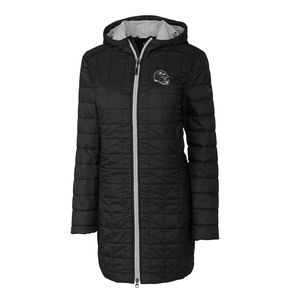 Baltimore Ravens Cutter & Buck Women's Helmet Logo Rainier Primaloft Eco Insulated Hooded Long Coat Black