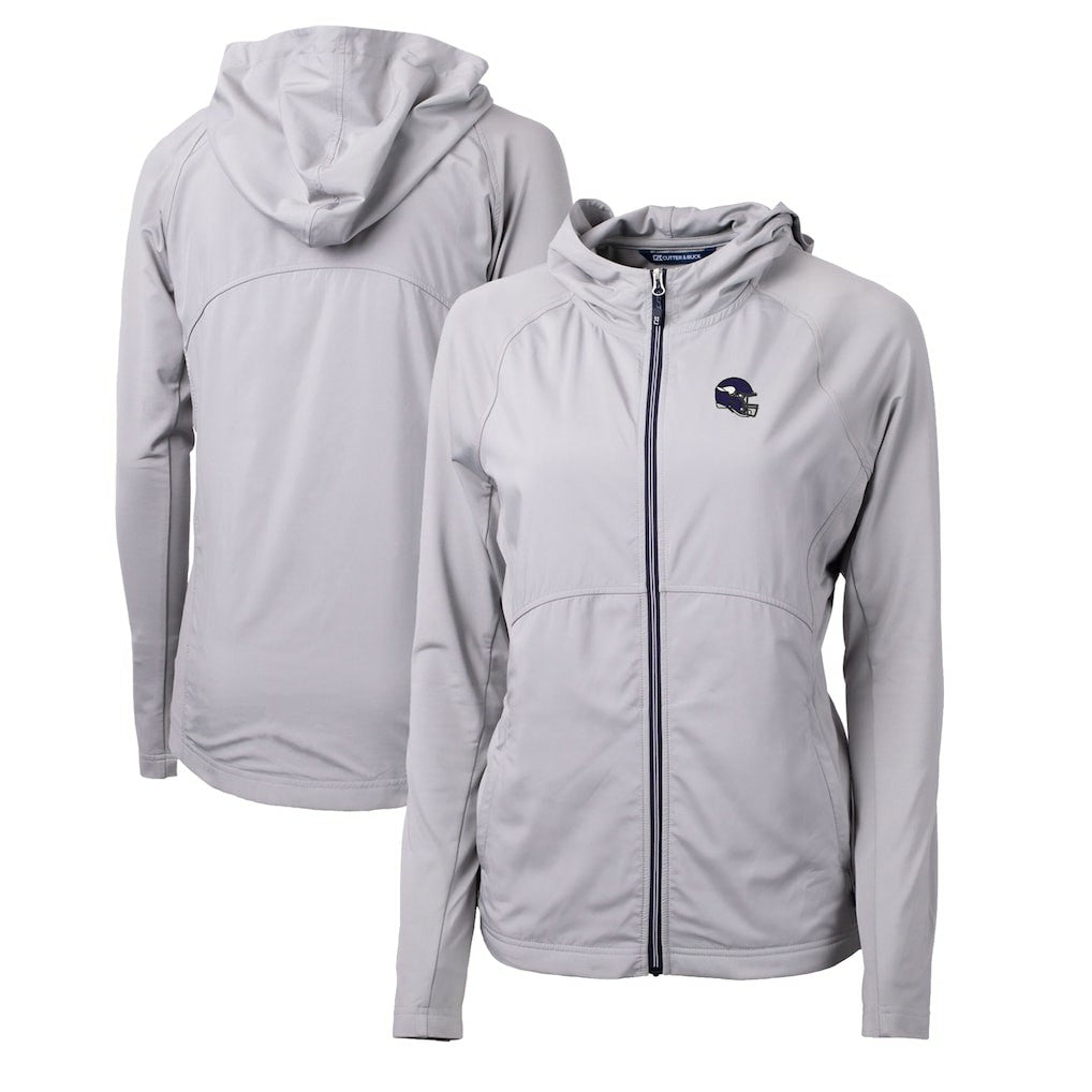 Minnesota Vikings Cutter & Buck Women's Helmet Logo Adapt Eco Knit Hybrid Recycled Full-Zip Hoodie Heather Gray
